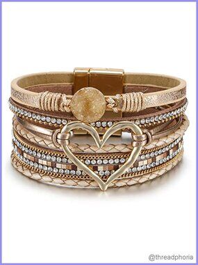 Handmade Leather Wrap Bracelet Women Boho Western Cuff Jewelry Heart Stone